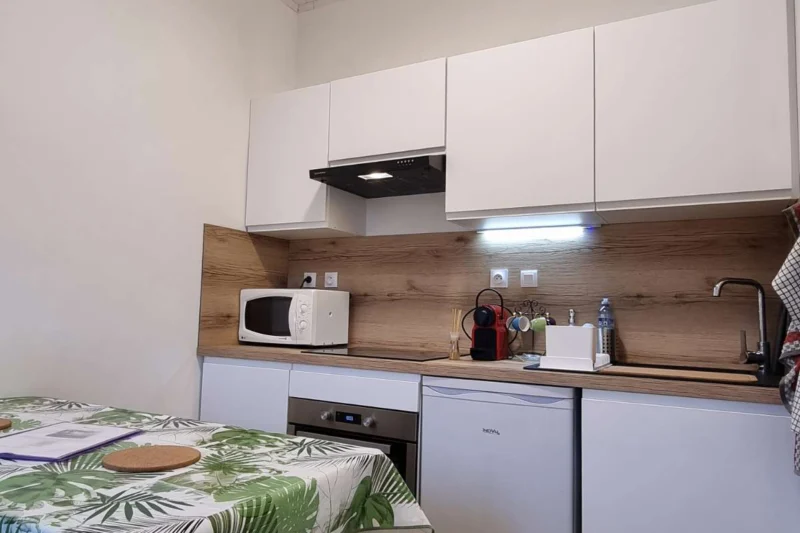 Cuisine de la chmabre Agout avec table et chaises, évier, réfrigérateur, vrai four micro-ondes.